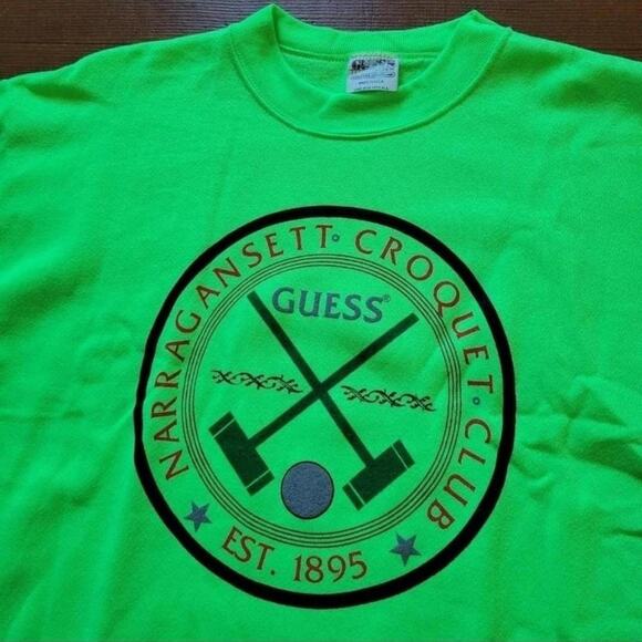 Vtg 90s GUESS JEANS Narragansett Croquet Club Neon Sweatshirt L/ XL USA NWOT - Picture 2 of 4